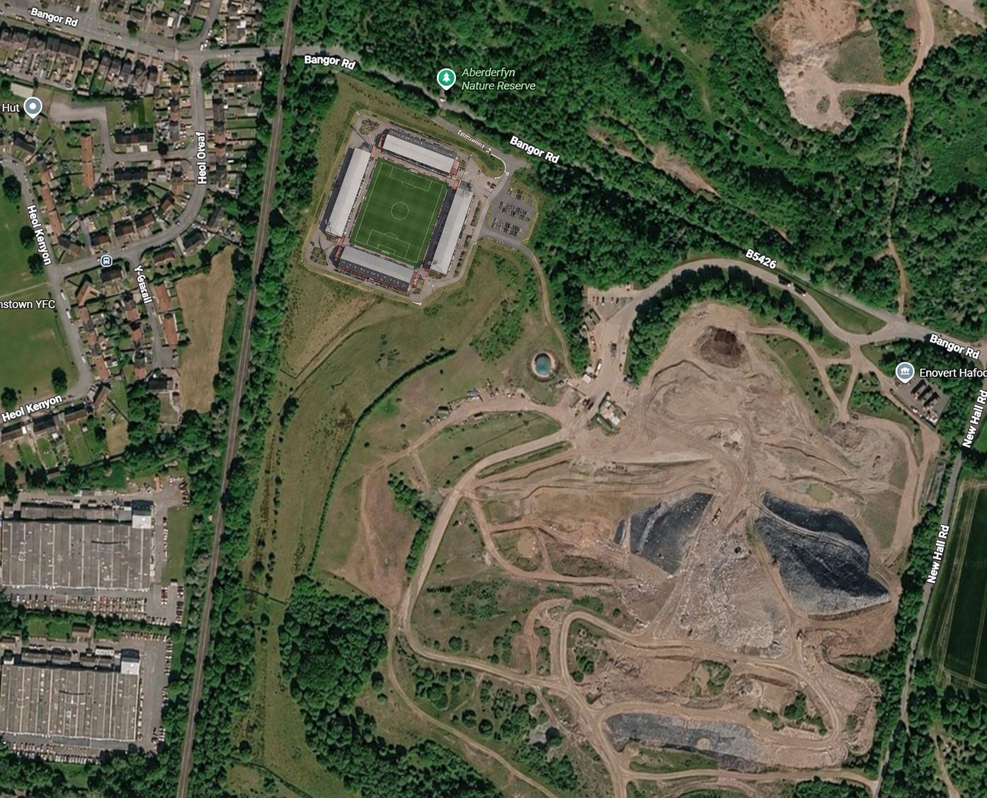Aerial view of Bangor Road Stadium and its car parks off Bangor Road, Johnstown