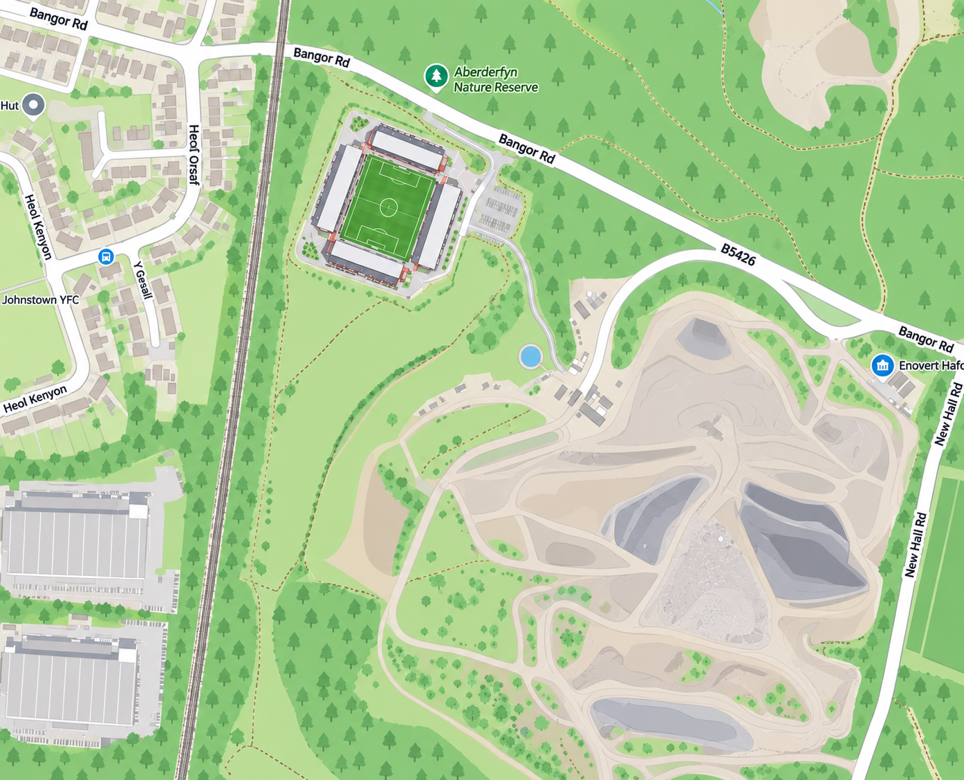 Map of Bangor Road Stadium, Johnstown — on Bangor Road beside the railway line and Aberderfyn Nature Reserve, with Johnstown YFC and Heol Kenyon to the west